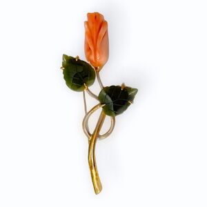Vintage Carved Coral and Jade Rosebud Brooch/Pin